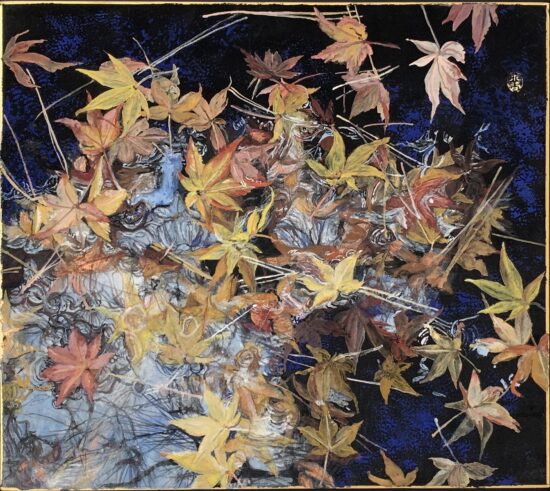 Contemporary Figurative painting, Japanese pigments and copper leaves on Japanese cardboard, main subject is Fall artwork, by Lumi Mizutani, artwork name is The party’s over I