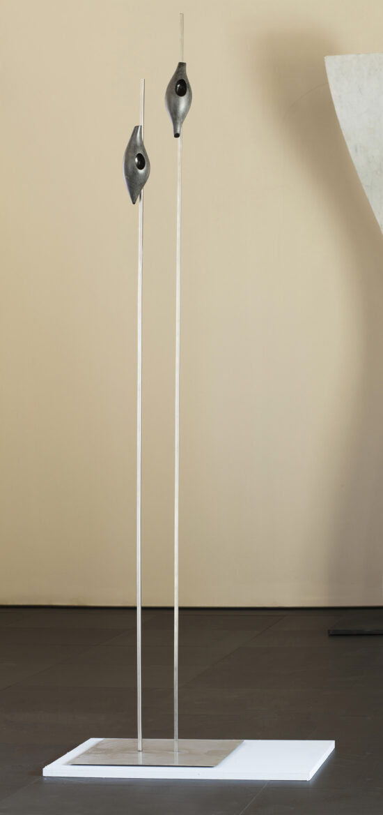 Contemporary Abstract sculpture, Belgium black marble and stainless steel sculpture, steel base, main subject is couple, by Francesca Bernardini, artwork name is Nests