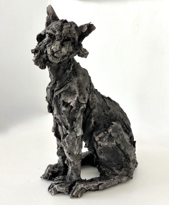 Contemporary Figurative sculpture, Smoke-fired stoneware, main subject is cat, by Cécile Raynal, artwork name is The beasts (feline)