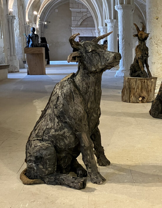 Contemporary Animal sculpture, Smoke-fired stoneware, resin, plaster, plant-based clay, by Cécile Raynal, artwork name is Cow