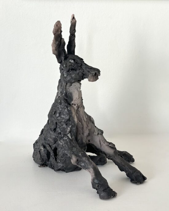 Contemporary Figurative sculpture, Smoke-fired stoneware, by Cécile Raynal, artwork name is The beasts (donkey)