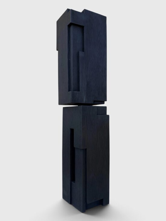 Contemporary Geometric sculpture, Charred iroko wood sculpture, by Alban Lanore, artwork name is Imbalance III