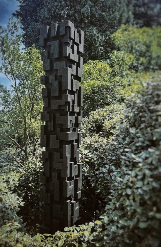 Contemporary Minimalist sculpture, Charred chestnut wood sculpture, by Alban Lanore, artwork name is Large Column VI