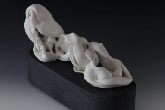 Contemporary Porcelain sculpture, Wheel thrown altered and sandblasted porcelain. Sold with a stand made of painted clay, by Sharon Brill, artwork name is Twist 5