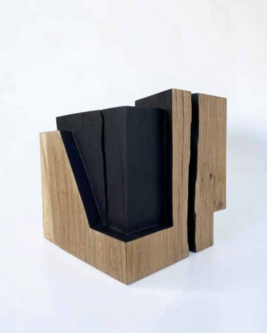 Contemporary Abstract sculpture, Oak wood sculpture, by Alban Lanore, artwork name is Cube I