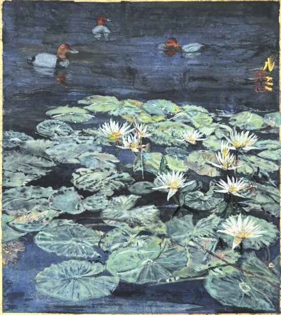 Contemporary Nature and landscape painting, Pigments and gold leaf on Japanese cardboard, main subject is Plant artwork, by Lumi Mizutani, artwork name is Water Lily II