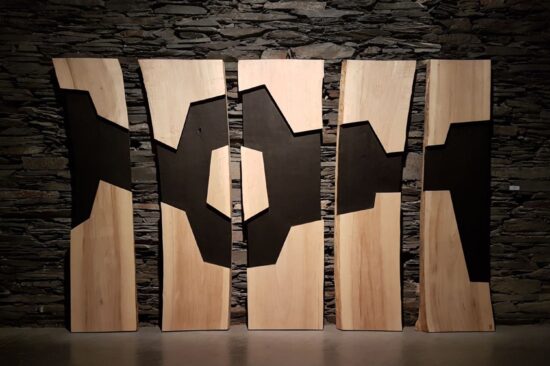 Contemporary Wall sculpture, Poplar wood sculpture, by Alban Lanore, artwork name is Pentaptyque