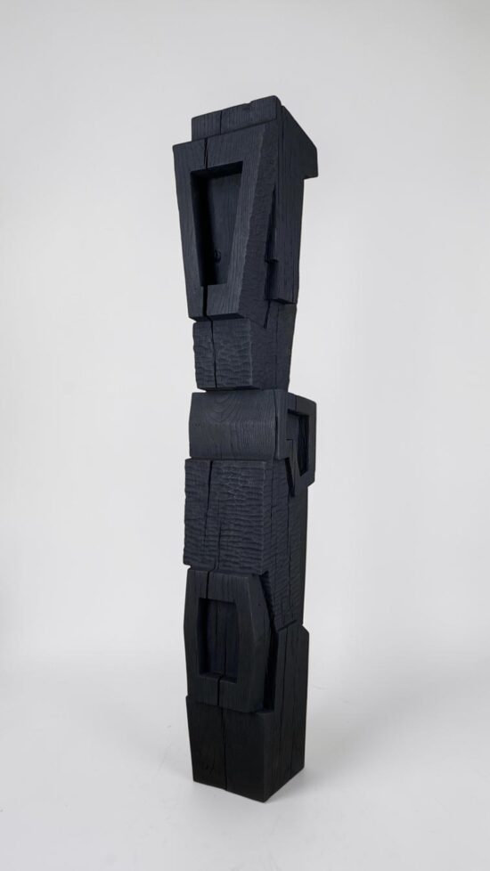 Contemporary Geometric sculpture, Charred oak wood sculpture, by Alban Lanore, artwork name is Totem I