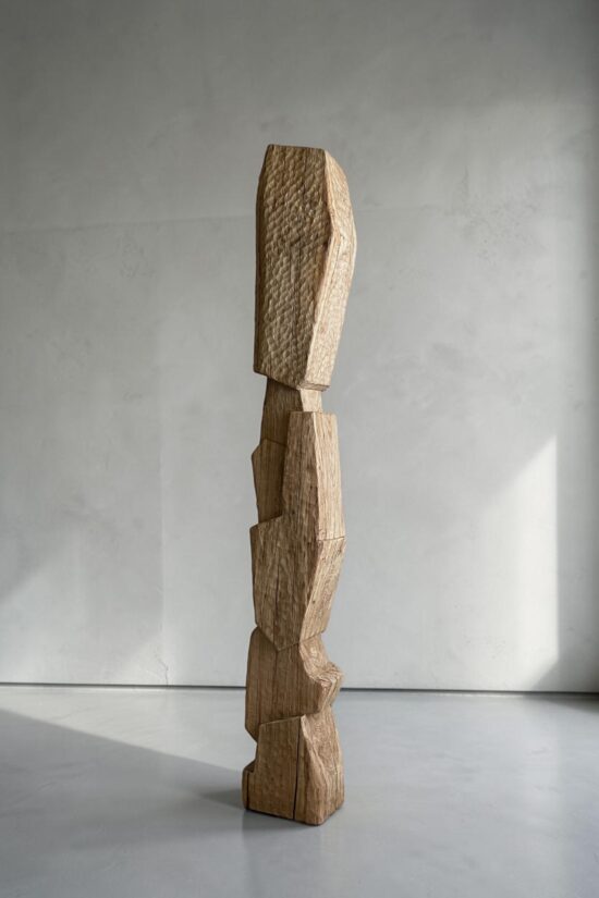 Contemporary Minimalist sculpture, Waxed oak wood sculpture, by Alban Lanore, artwork name is Totem II