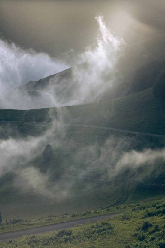Contemporary Nature and landscape photography, Pigment print on Awagami Kozo 110 gsm paper, main subject is mountain, by Hélène David, artwork name is Dawn in Esterençuby